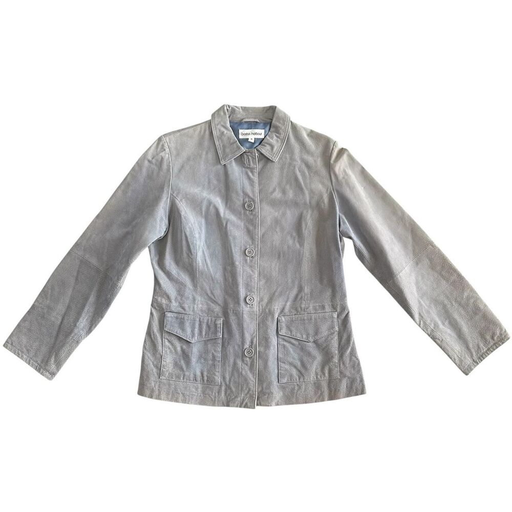 Boston Harbour Lined Blue‎ Gray Button Front Genuine Leather Jacket Sz M Indie